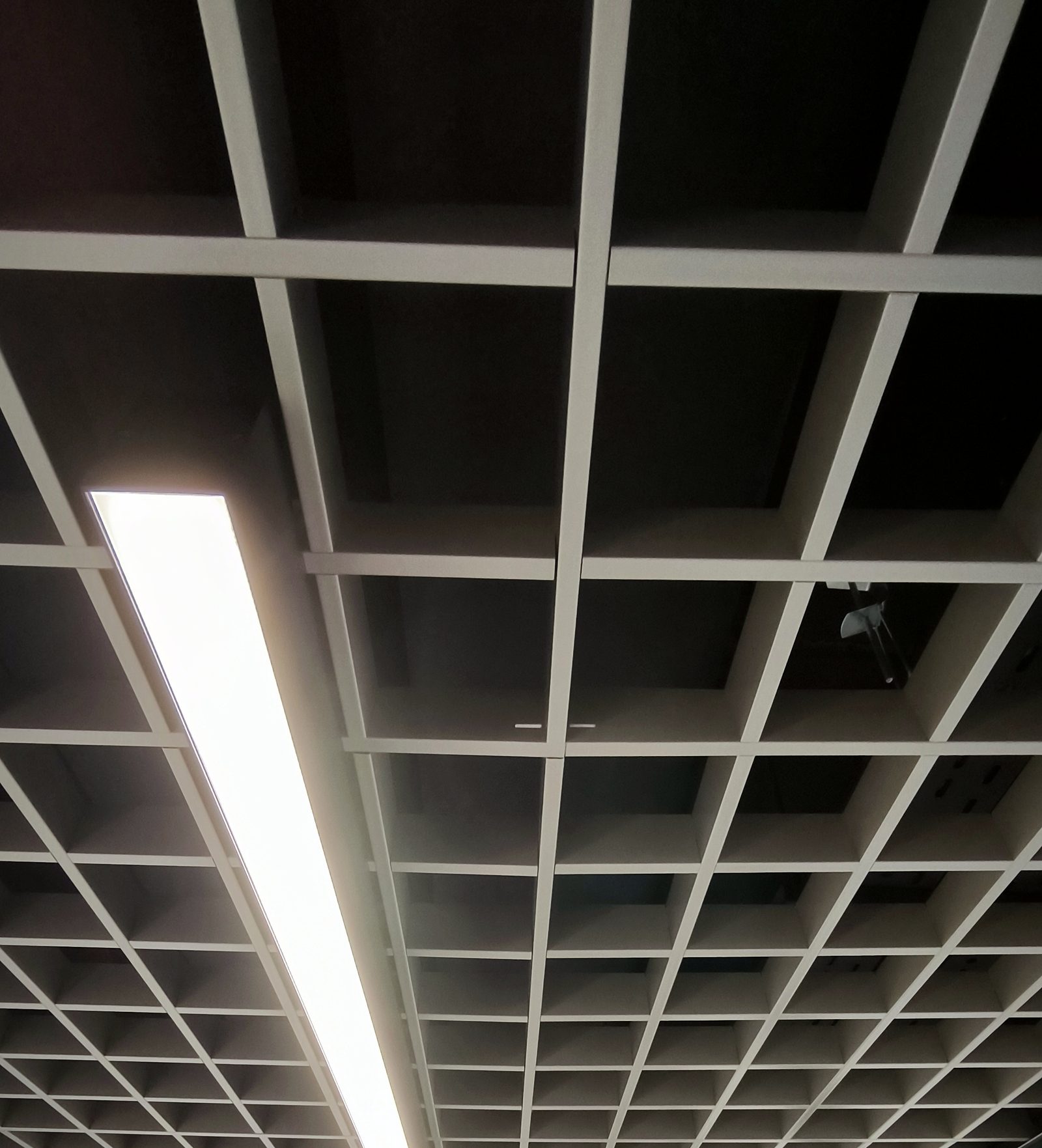 Linia świetlna LED zamontowana w czarnym suficie rastrowym